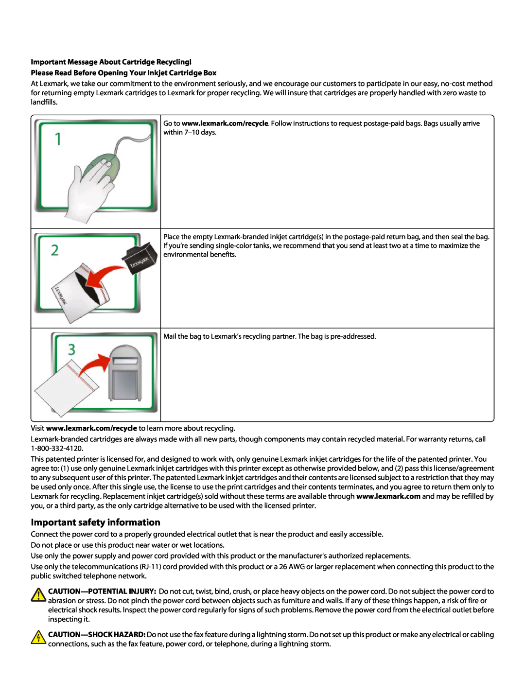 Lexmark Pro207, Pro208, Pro205 manual Important safety information, Important Message About Cartridge Recycling 
