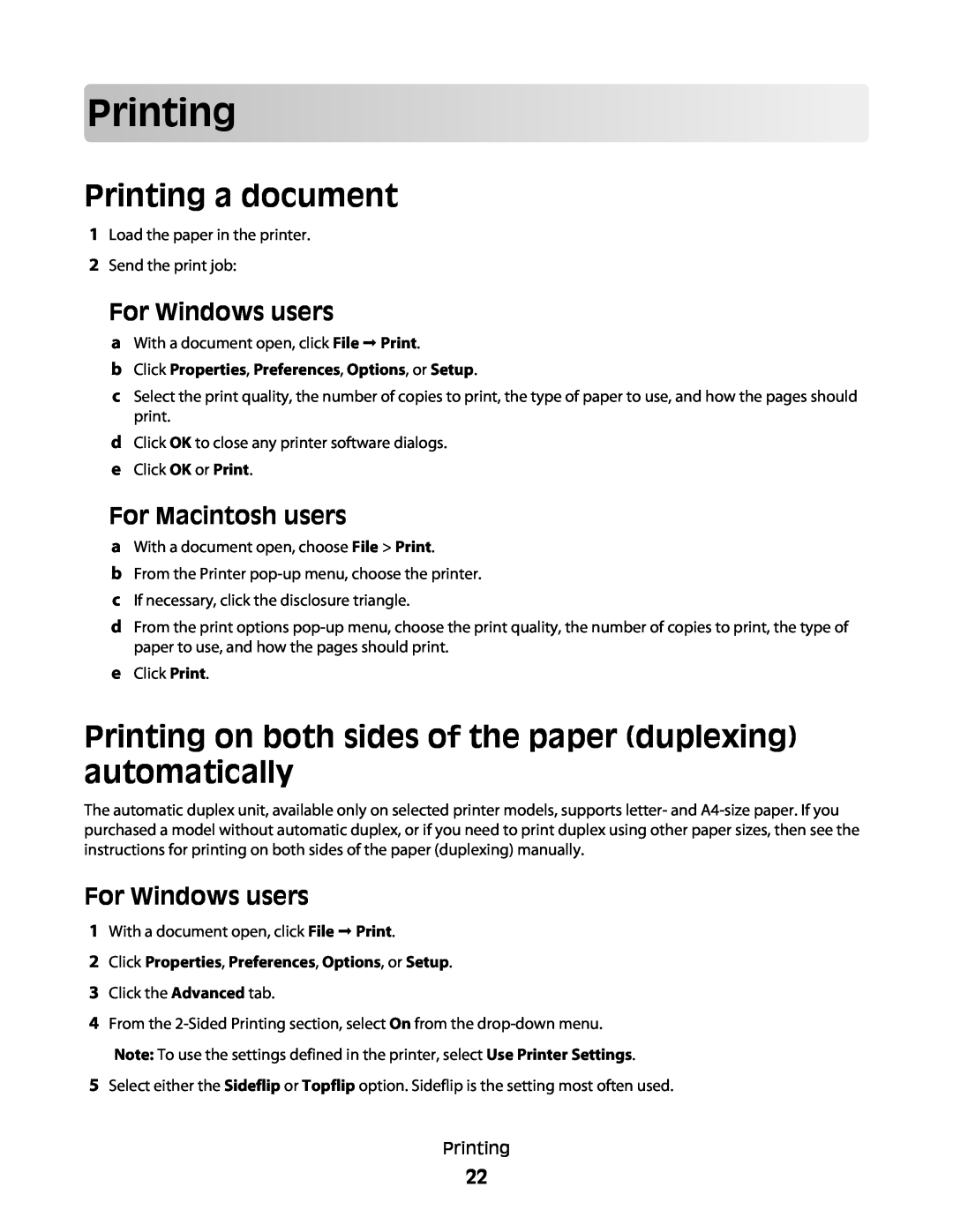 Lexmark Pro205, Pro208, Pro207 manual Printing a document, bClick Properties, Preferences, Options, or Setup 