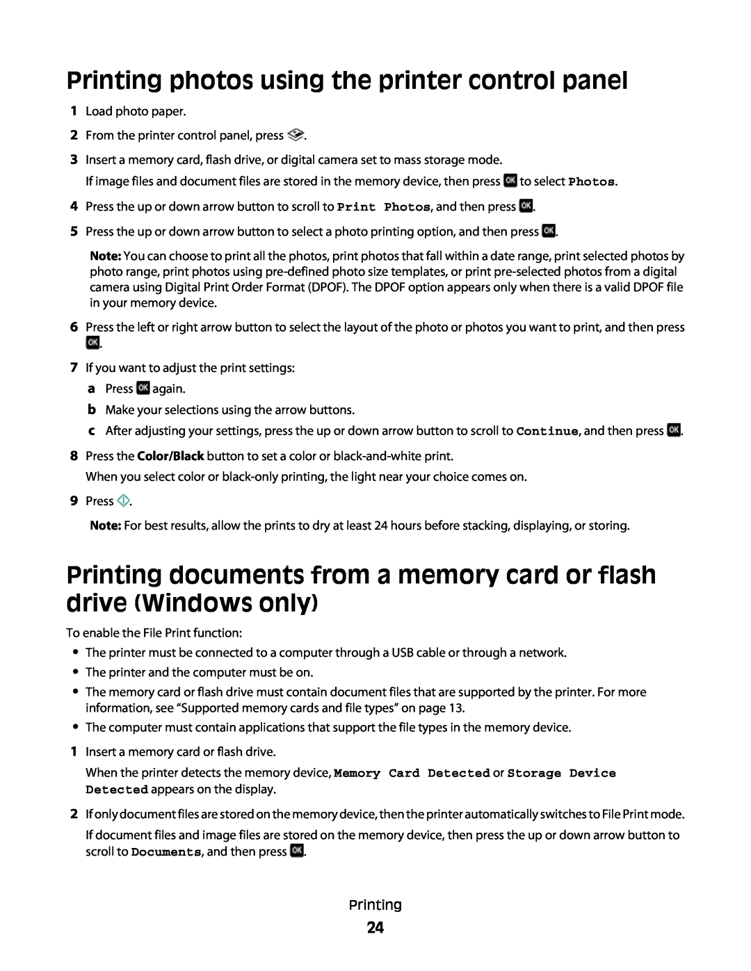 Lexmark Pro208, Pro205, Pro207 manual Printing photos using the printer control panel 