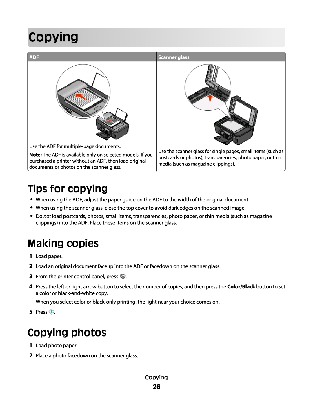 Lexmark Pro207, Pro208, Pro205 manual Tips for copying, Making copies, Copying photos 