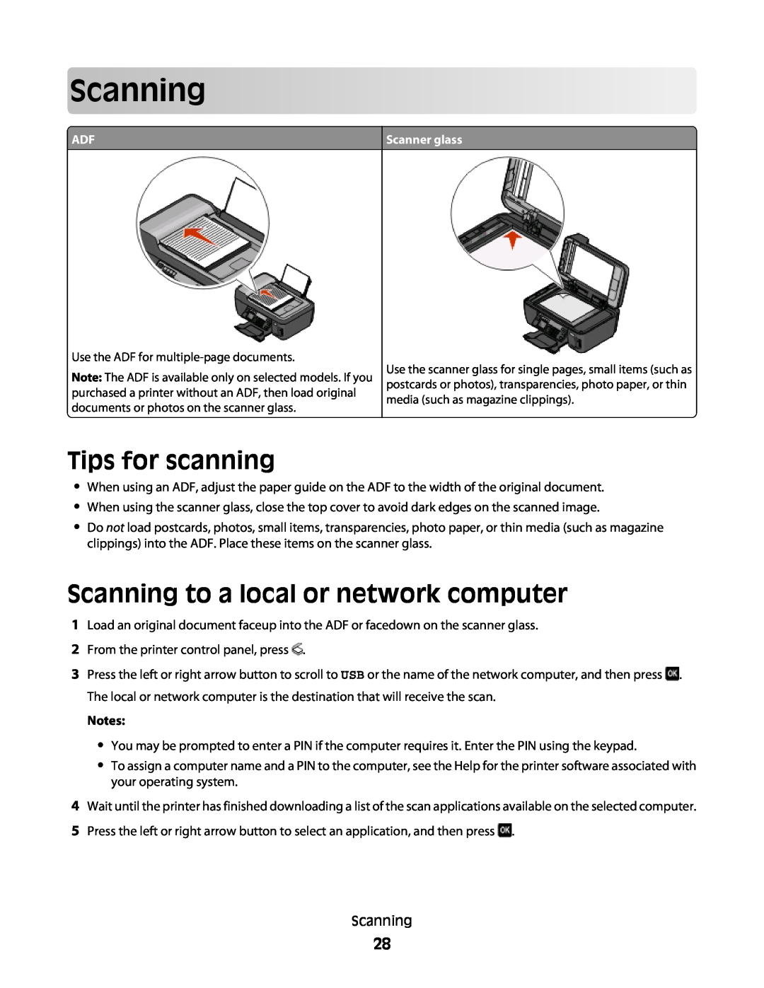 Lexmark Pro205, Pro208, Pro207 manual Tips for scanning, Scanning to a local or network computer, Notes 