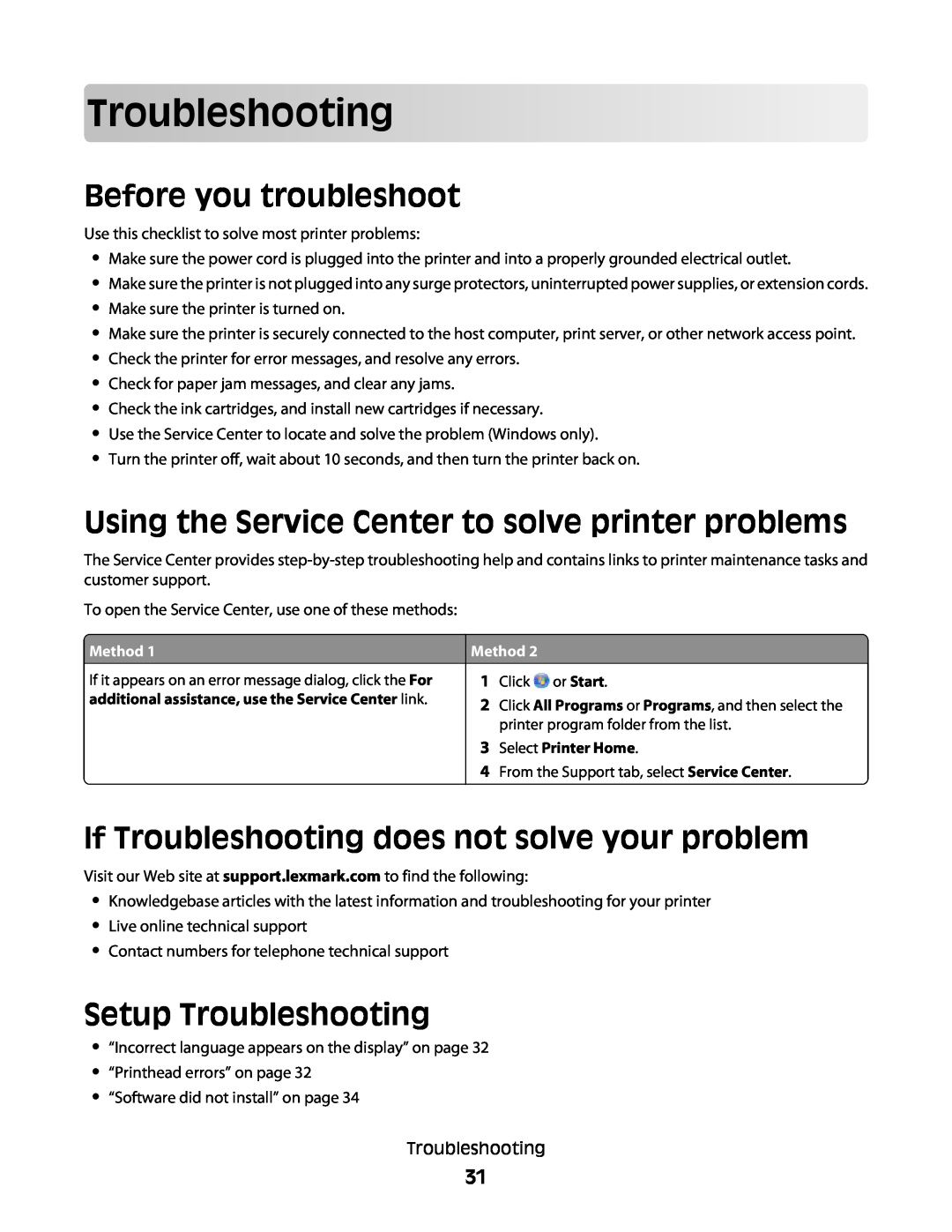 Lexmark Pro205, Pro208 Before you troubleshoot, If Troubleshooting does not solve your problem, Setup Troubleshooting 