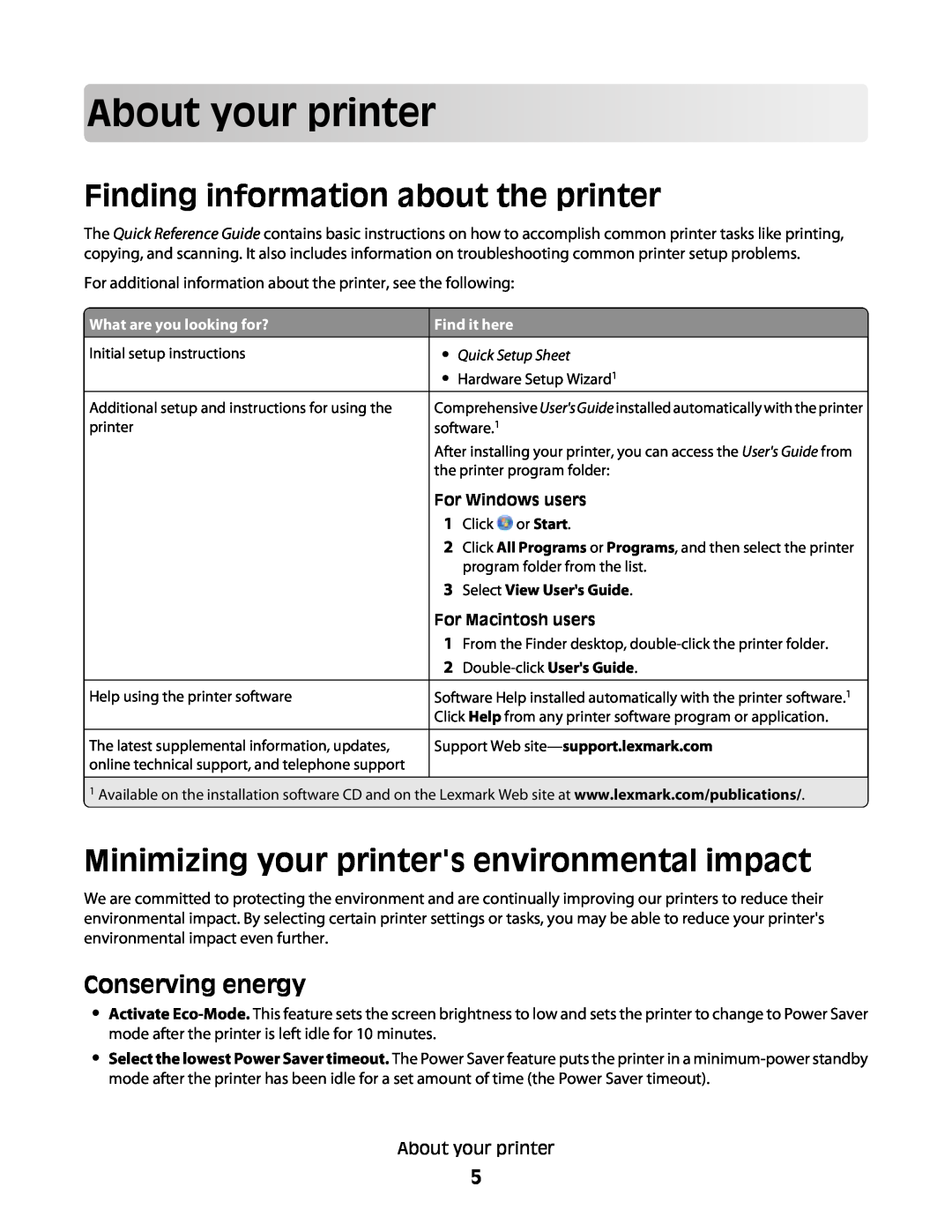 Lexmark Pro207 About your printer, Finding information about the printer, Minimizing your printers environmental impact 