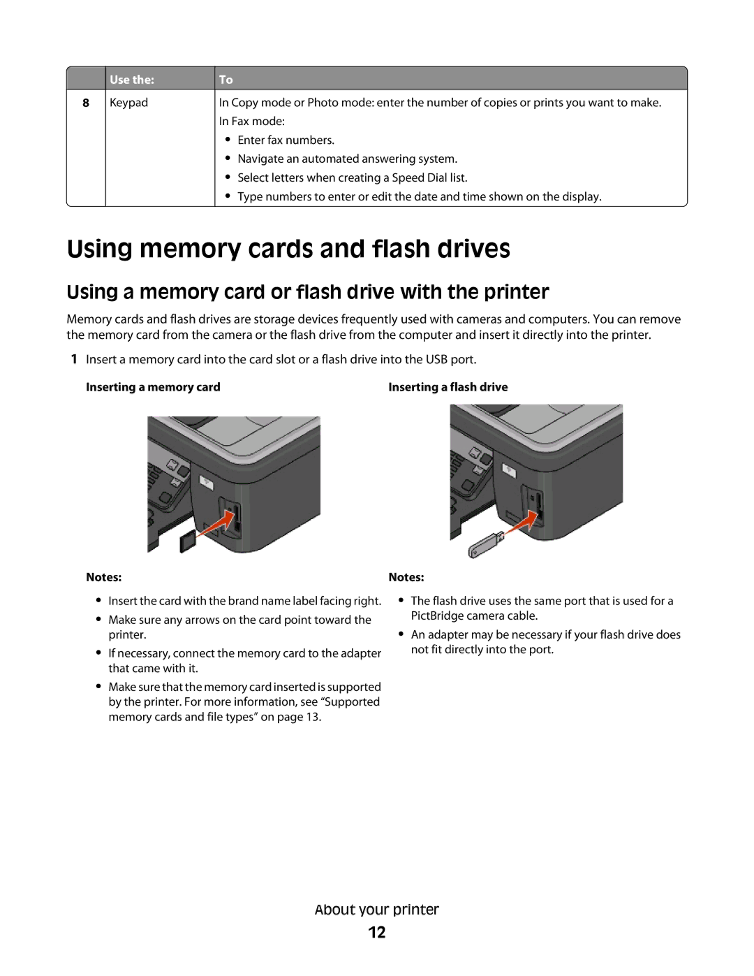 Lexmark Pro208, Pro205, Pro207 Using memory cards and flash drives, Using a memory card or flash drive with the printer 