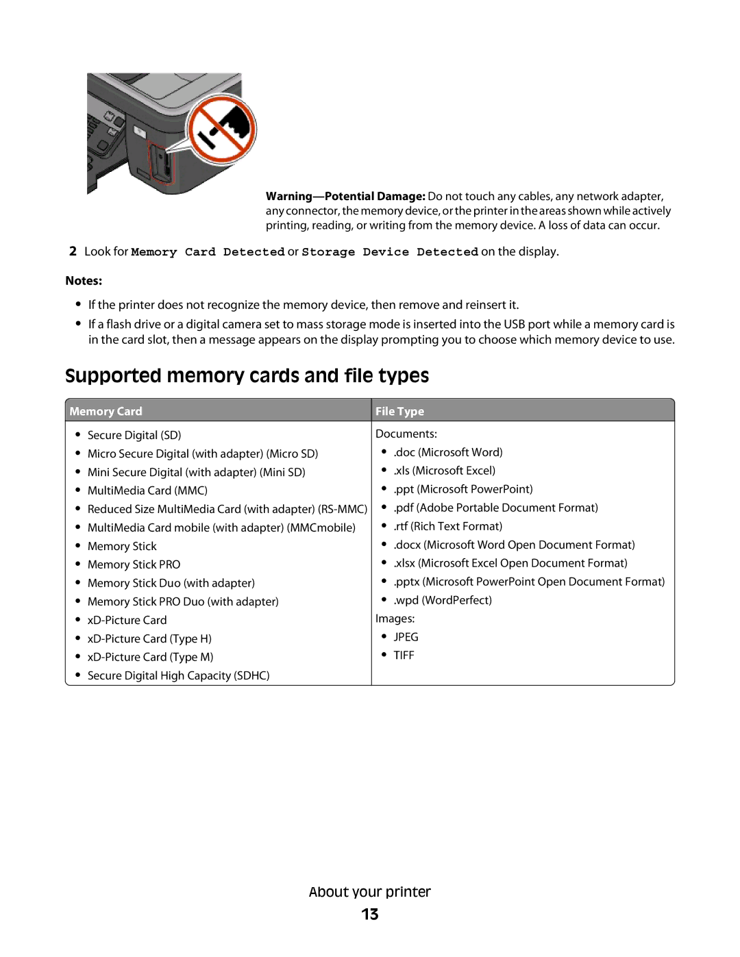 Lexmark Pro205, Pro208, Pro207 manual Supported memory cards and file types, Memory Card, File Type 