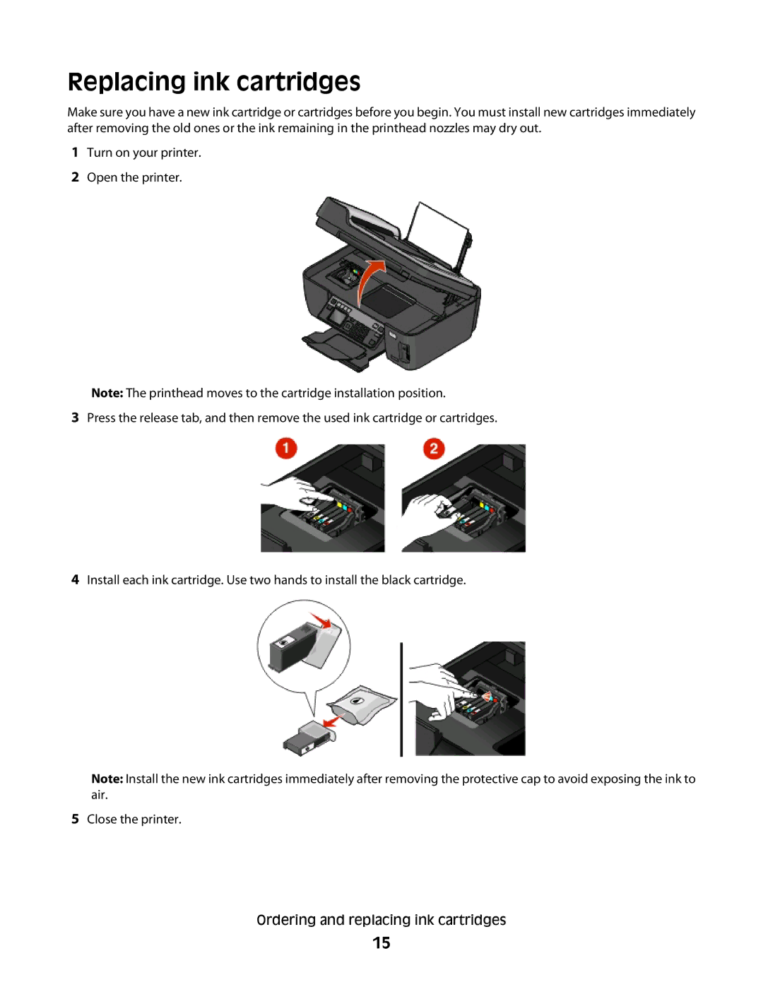 Lexmark Pro208, Pro205, Pro207 manual Replacing ink cartridges 