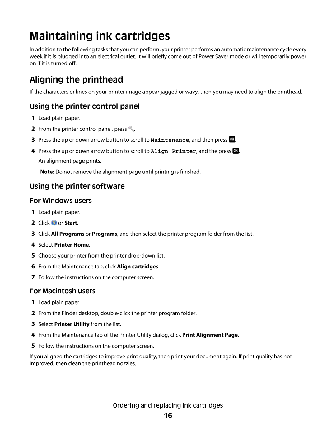 Lexmark Pro205, Pro208, Pro207 manual Maintaining ink cartridges, Aligning the printhead 