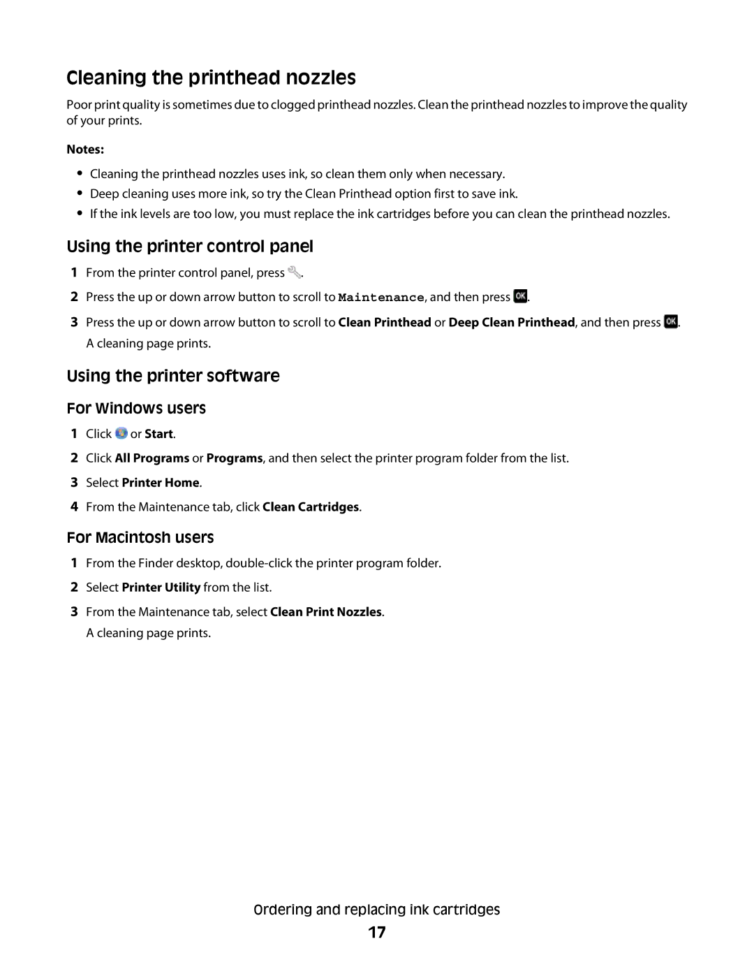 Lexmark Pro207, Pro208, Pro205 manual Cleaning the printhead nozzles 