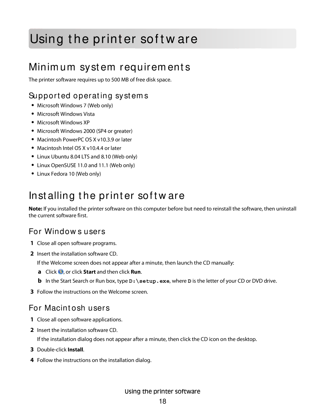 Lexmark Pro208, Pro205 manual Using th e printe r so f t w are, Minimum system requirements, Installing the printer software 