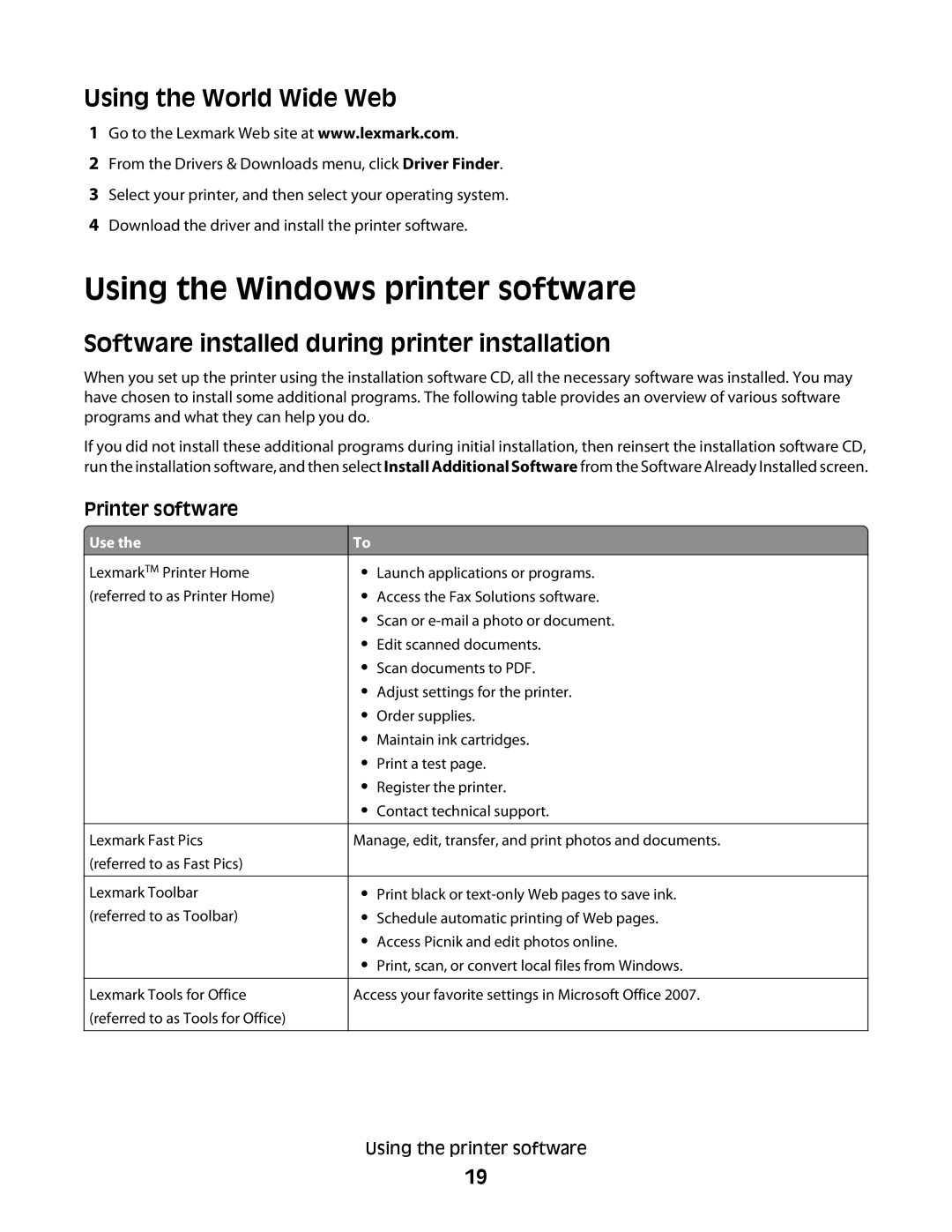 Lexmark Pro205, Pro208, Pro207 manual Using the Windows printer software, Using the World Wide Web 