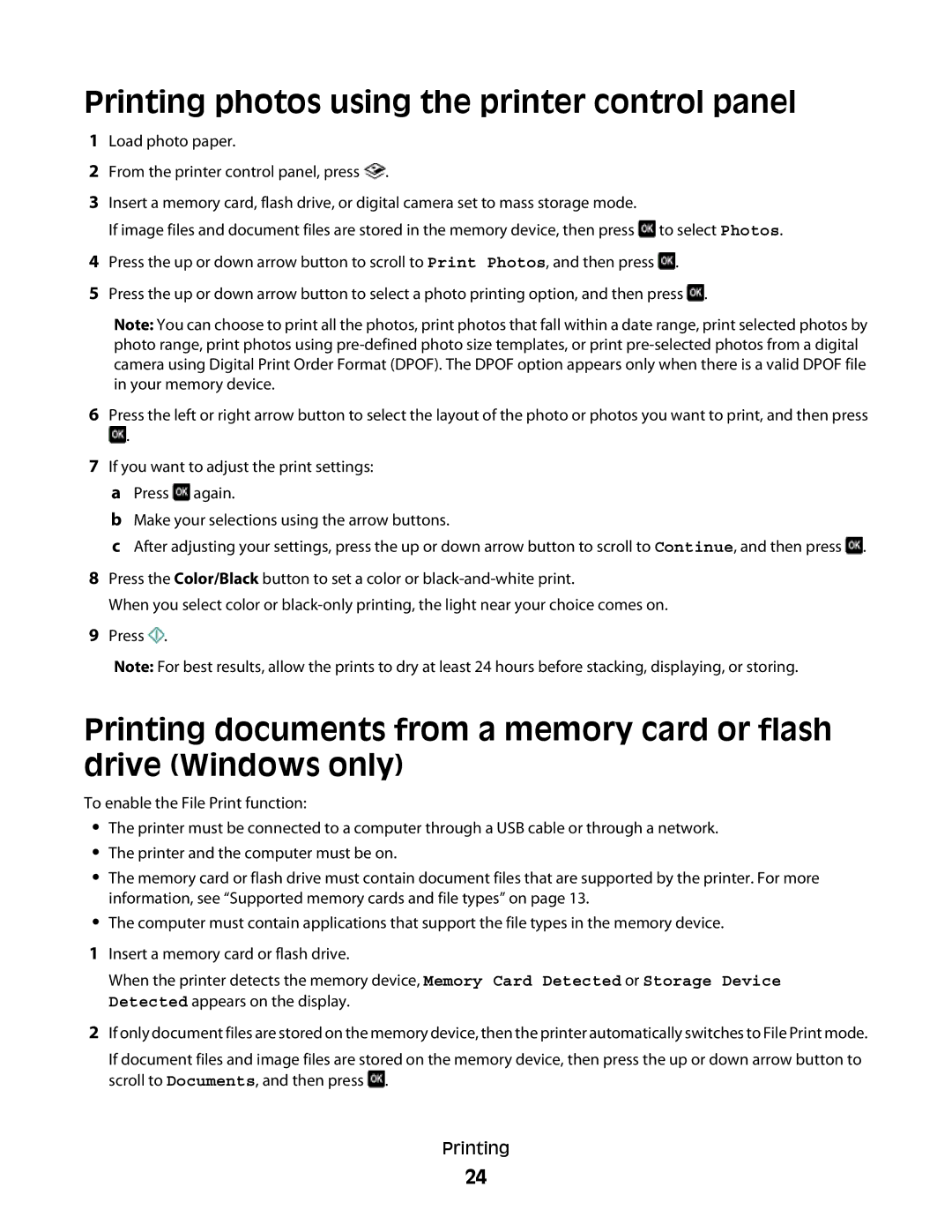 Lexmark Pro208, Pro205, Pro207 manual Printing photos using the printer control panel 