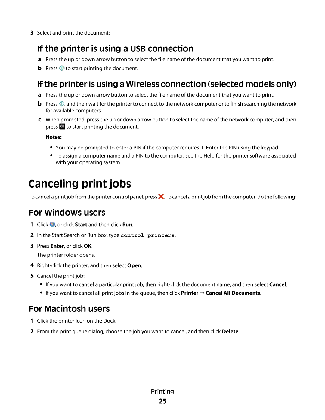 Lexmark Pro205, Pro208, Pro207 manual Canceling print jobs, If the printer is using a USB connection 