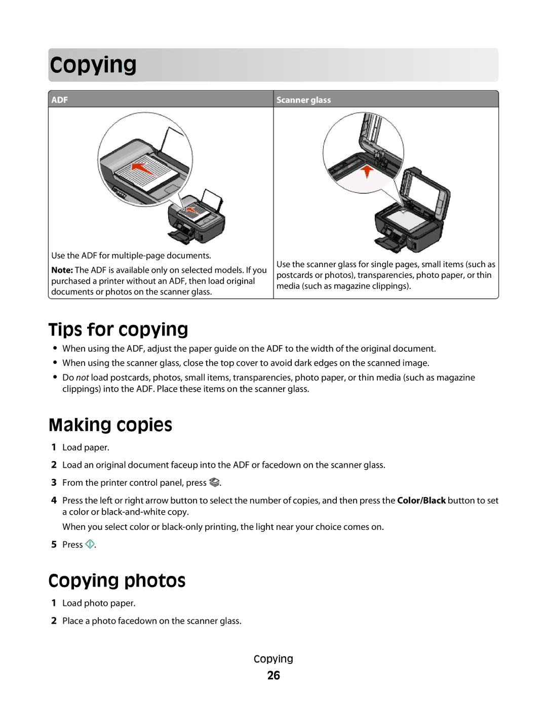 Lexmark Pro207, Pro208, Pro205 manual Cop ying, Tips for copying, Making copies, Copying photos, Scanner glass 