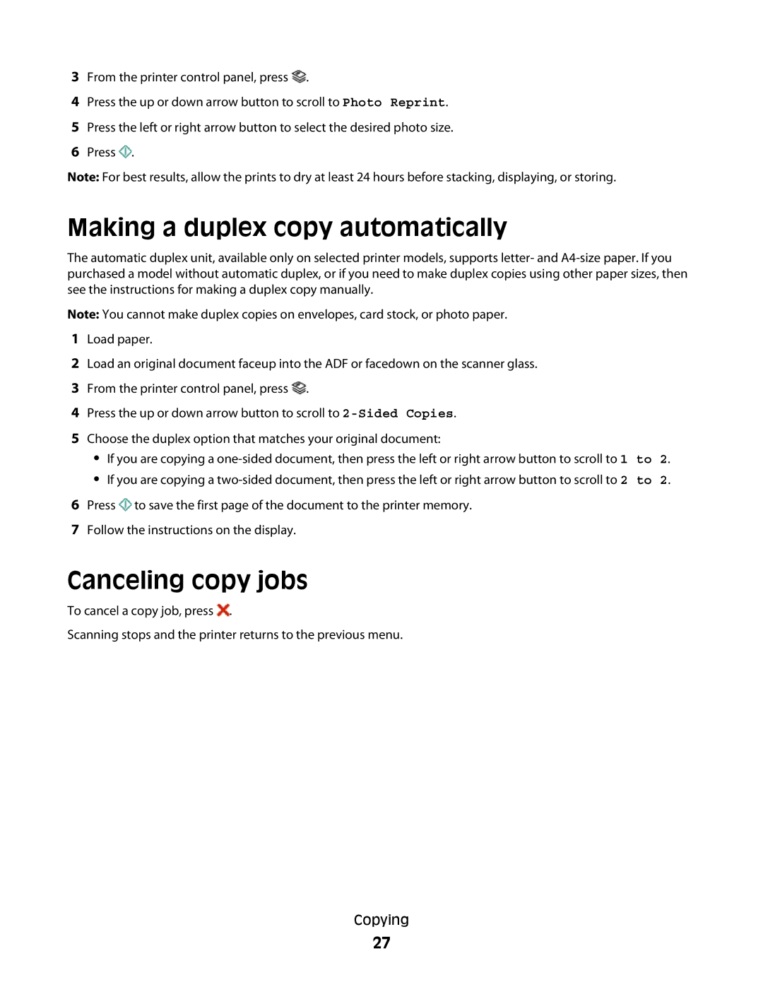 Lexmark Pro208, Pro205, Pro207 manual Making a duplex copy automatically, Canceling copy jobs 