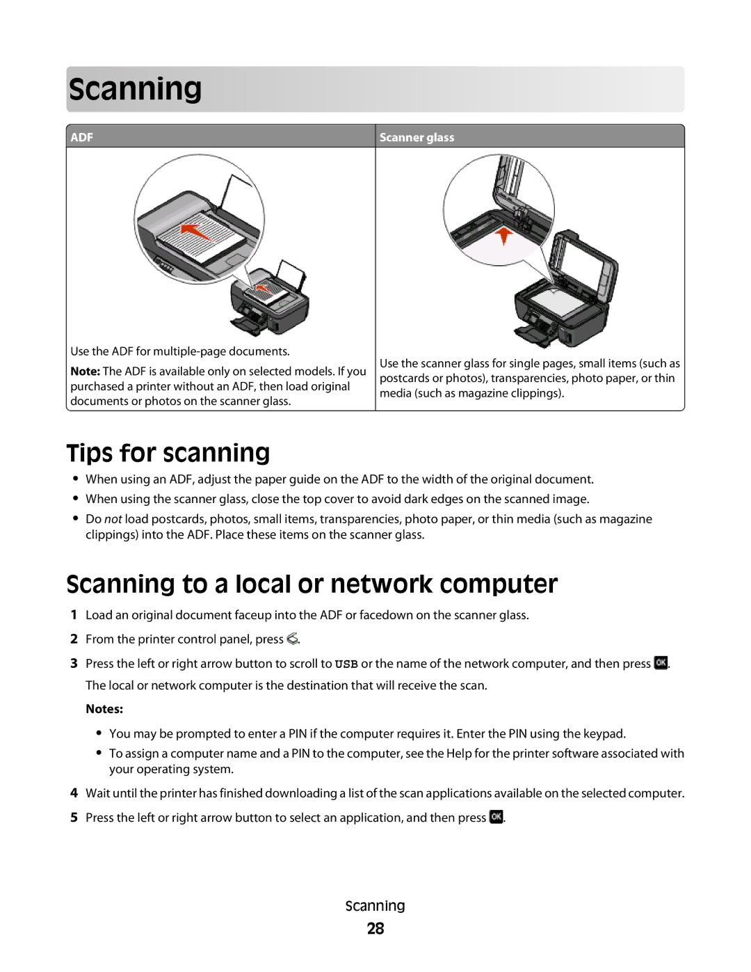 Lexmark Pro205, Pro208, Pro207 manual Scan ning, Tips for scanning, Scanning to a local or network computer 