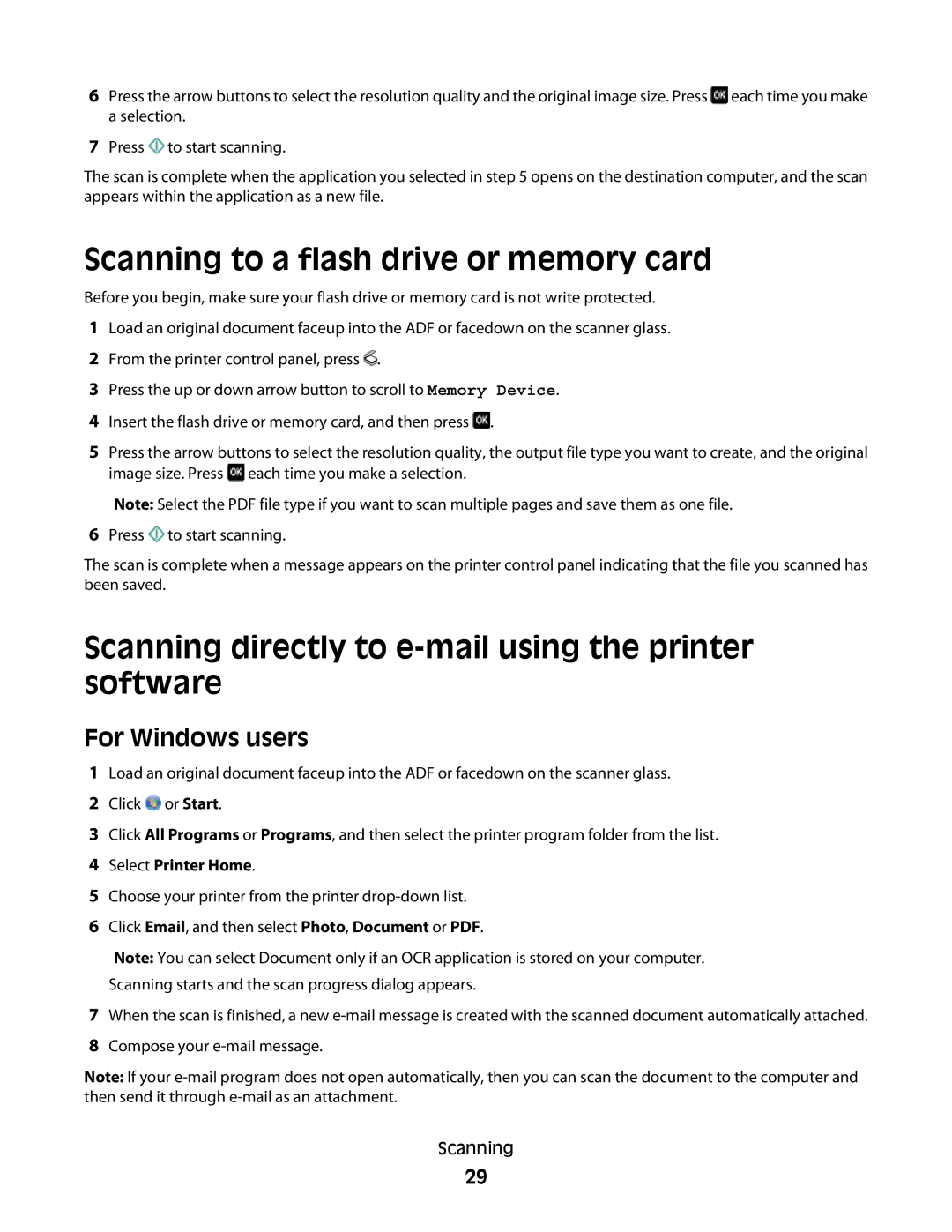 Lexmark Pro207, Pro208 Scanning to a flash drive or memory card, Scanning directly to e-mail using the printer software 