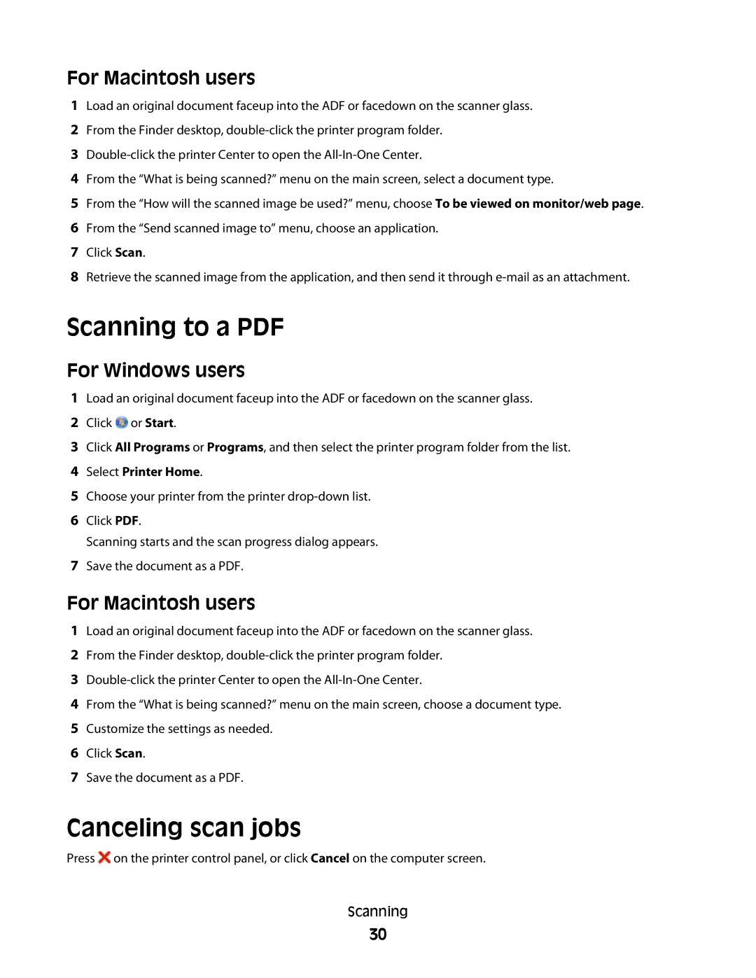 Lexmark Pro208, Pro205, Pro207 manual Canceling scan jobs, For Macintosh users 