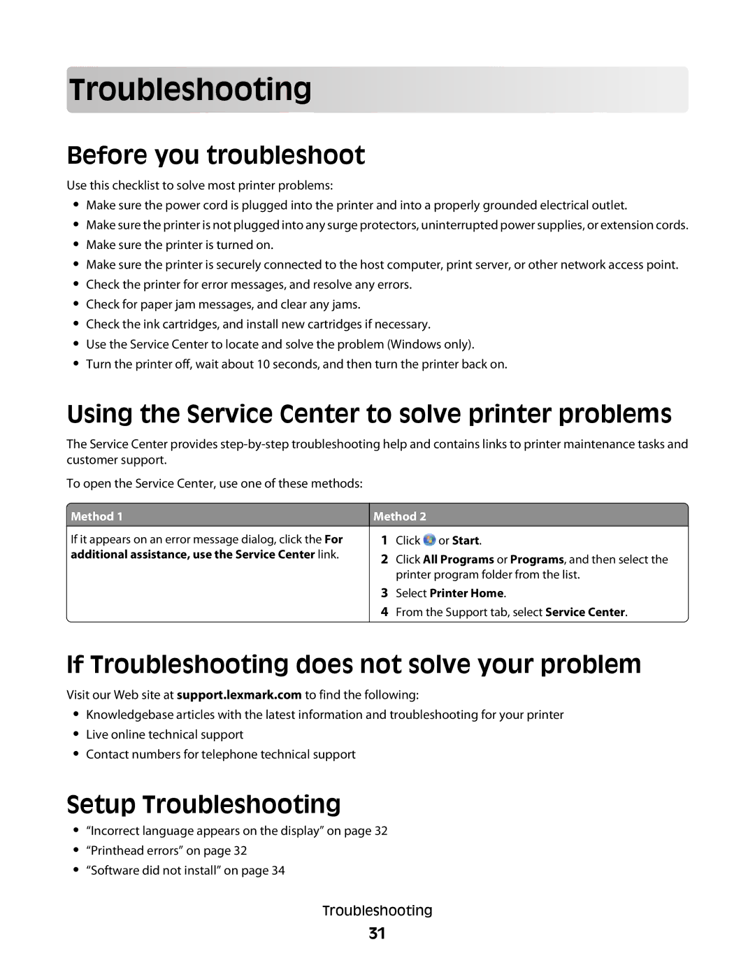 Lexmark Pro205, Pro208 manual Troublesho oting, Before you troubleshoot, Using the Service Center to solve printer problems 