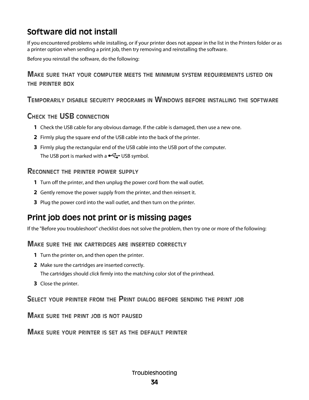 Lexmark Pro205, Pro208, Pro207 manual Software did not install, Print job does not print or is missing pages 