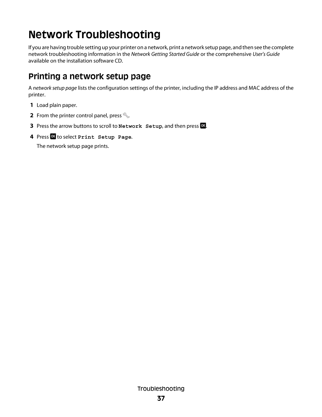 Lexmark Pro205, Pro208, Pro207 manual Network Troubleshooting, Printing a network setup 