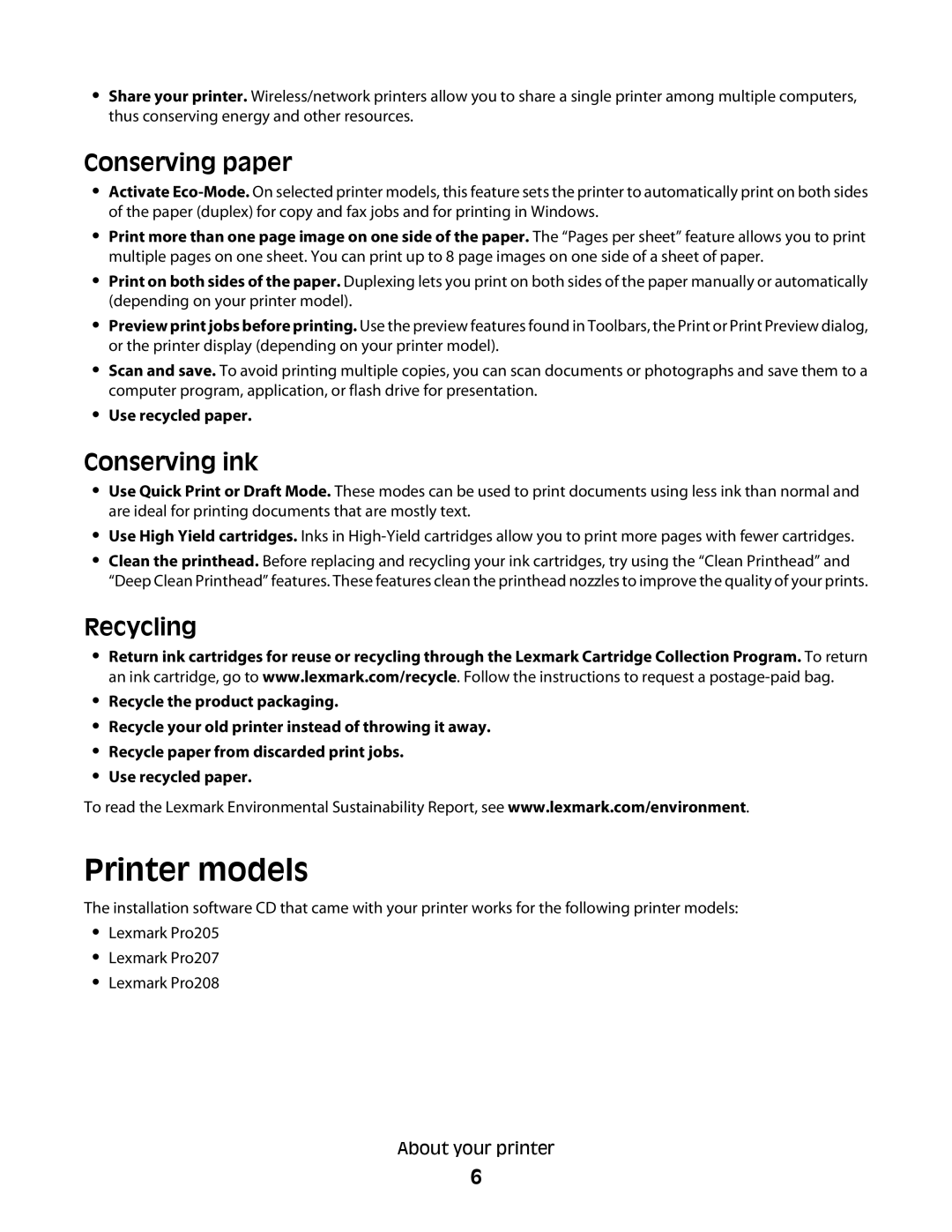 Lexmark Pro208, Pro205, Pro207 manual Printer models, Conserving paper, Conserving ink, Recycling 