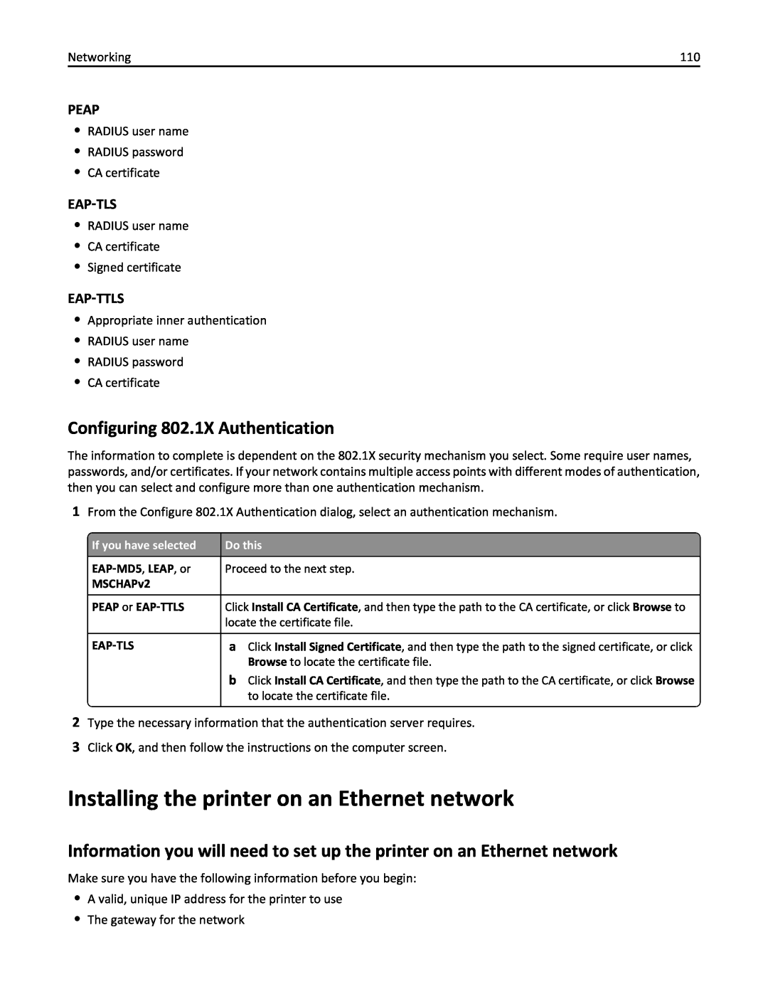 Lexmark 90P3000 Installing the printer on an Ethernet network, Configuring 802.1X Authentication, Peap, Eap‑Tls, Eap‑Ttls 