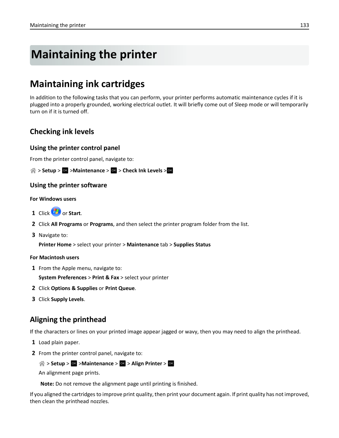 Lexmark PRO4000C manual Maintaining the printer, Maintaining ink cartridges, Checking ink levels, Aligning the printhead 
