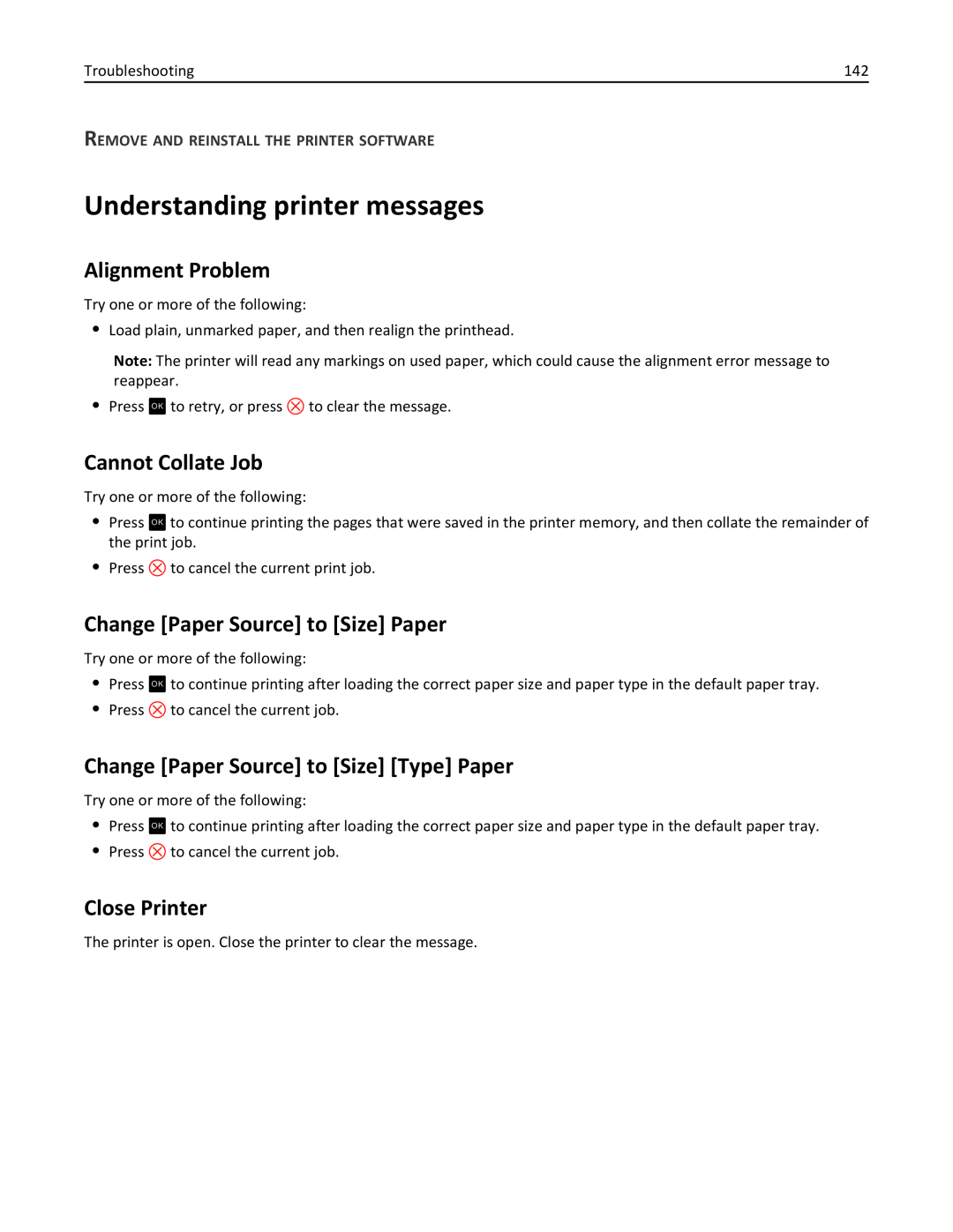 Lexmark PRO4000 Understanding printer messages, Alignment Problem, Cannot Collate Job, Change Paper Source to Size Paper 