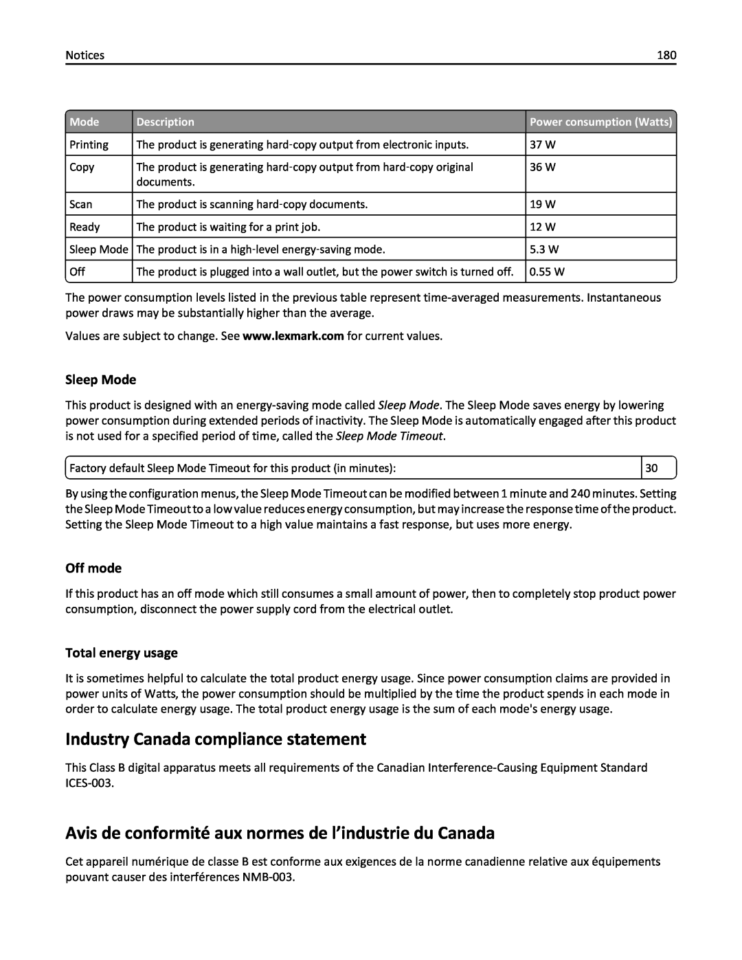 Lexmark PRO4000C Industry Canada compliance statement, Avis de conformité aux normes de l’industrie du Canada, Sleep Mode 