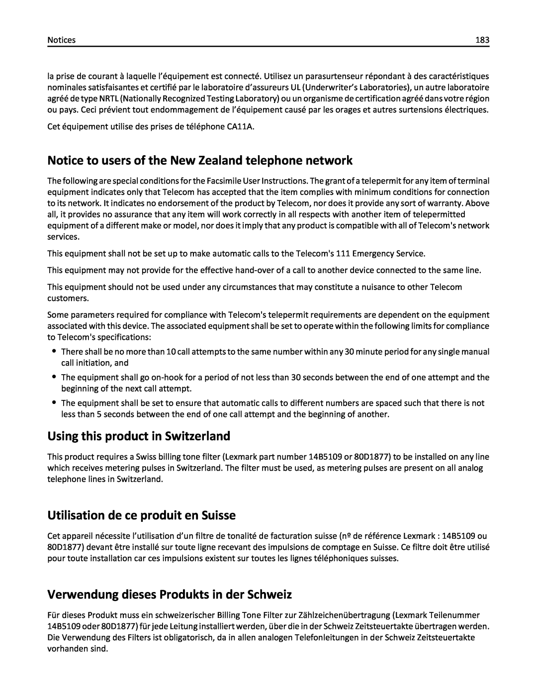 Lexmark PRO4000C, 90P3000 manual Notice to users of the New Zealand telephone network, Using this product in Switzerland 