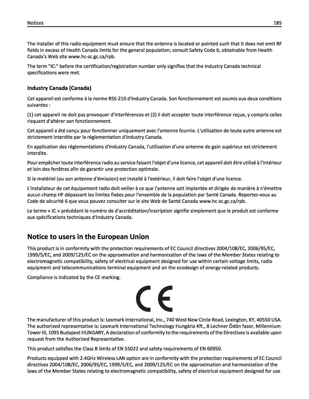 Lexmark 90P3000, PRO4000C manual Notice to users in the European Union, Industry Canada Canada 