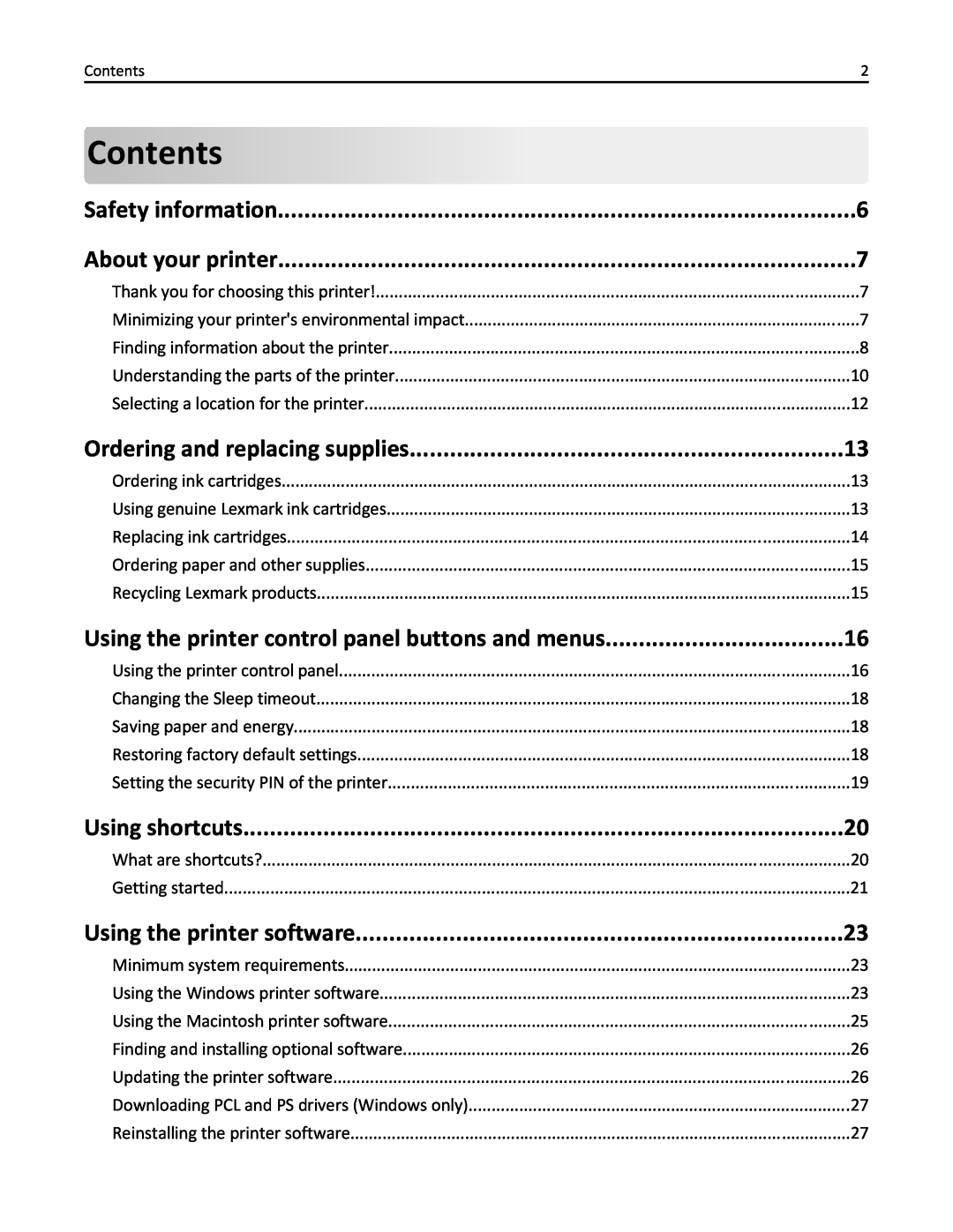 Lexmark 90P3000 manual Contents, Safety information, About your printer, Ordering and replacing supplies, Using shortcuts 