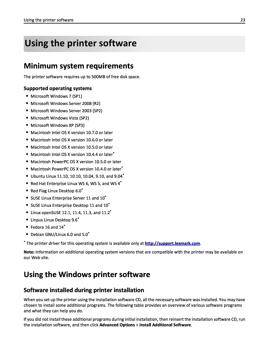 Lexmark 90P3000, PRO4000C manual Using theprintersoftware, Minimum system requirements, Using the Windows printer software 