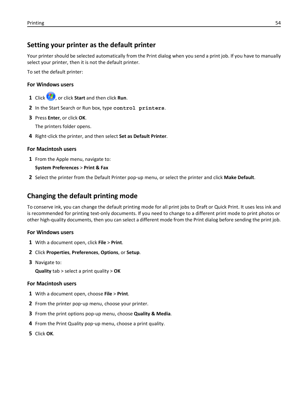 Lexmark PRO4000C manual Setting your printer as the default printer, Changing the default printing mode, For Windows users 