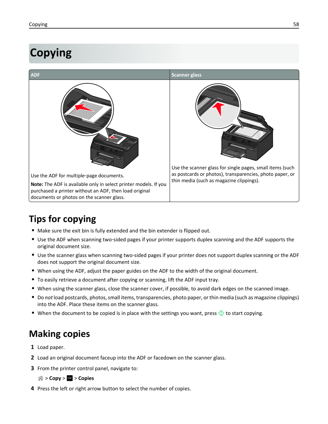 Lexmark PRO4000C, 90P3000 manual Copying, Tips for copying, Making copies, Copy OK Copies 