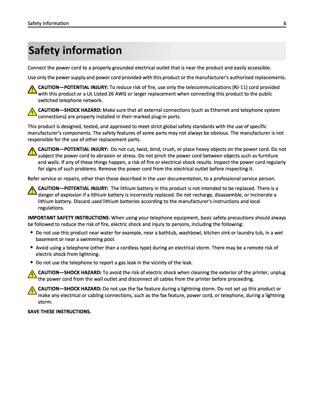 Lexmark PRO4000C, 90P3000 manual Safety information, Save These Instructions 
