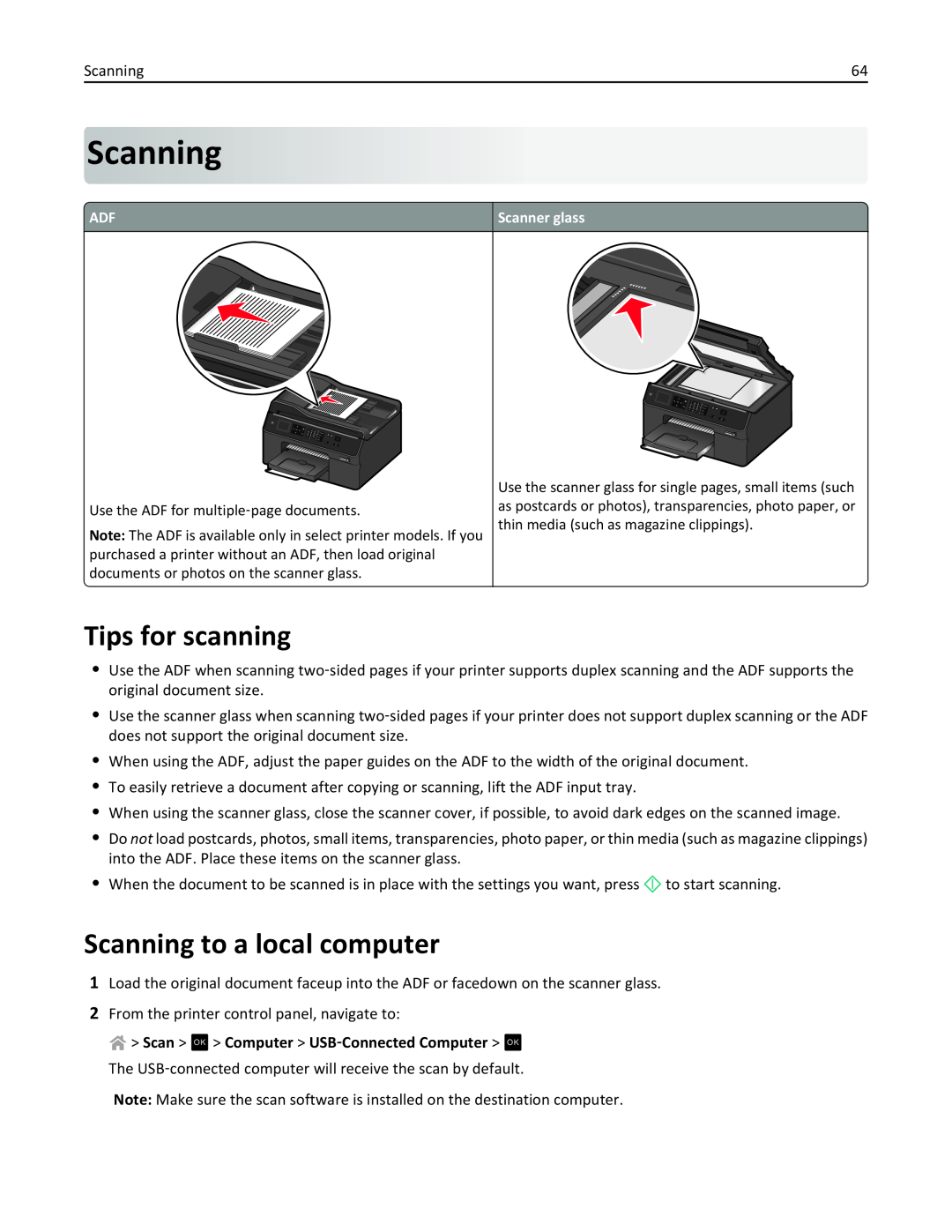 Lexmark PRO4000C manual Tips for scanning, Scanning to a local computer, Scan OK Computer USB‑Connected Computer OK 