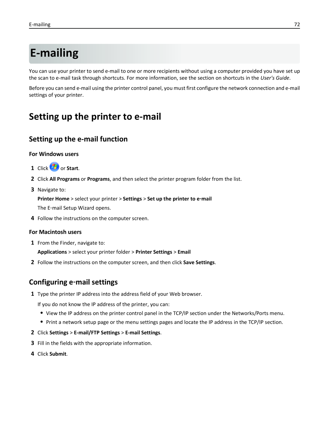 Lexmark PRO4000C E-mailing, Setting up the printer to e-mail, Setting up the e-mail function, Configuring e‑mail settings 