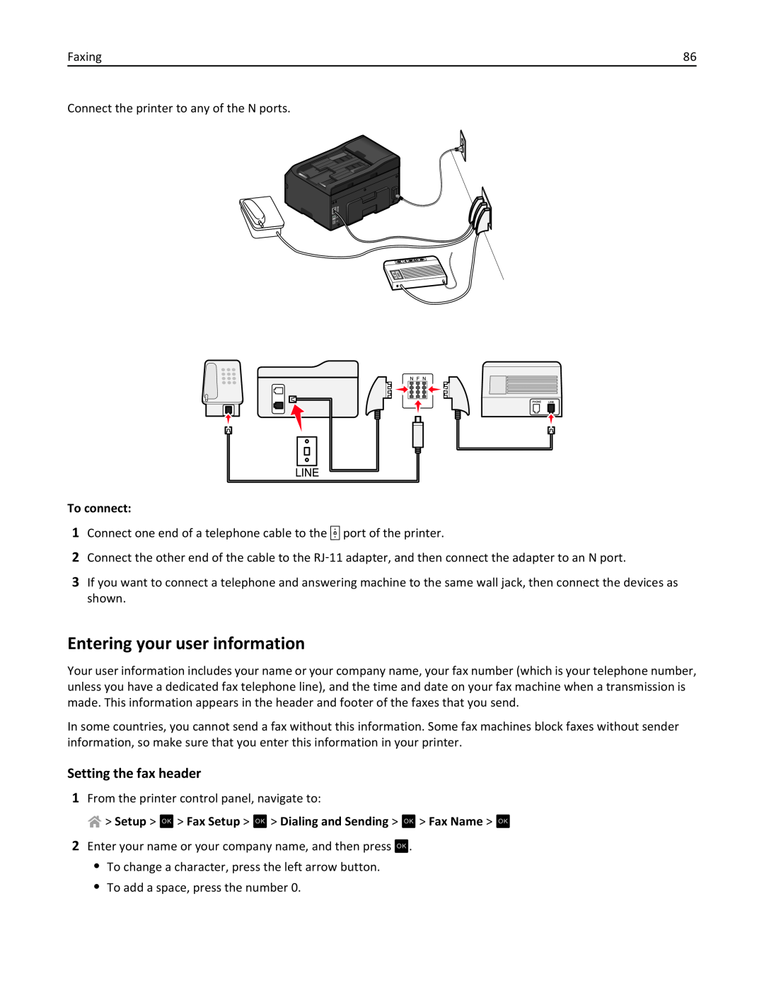Lexmark 90P3000, PRO4000C manual Entering your user information, Setting the fax header, To connect 
