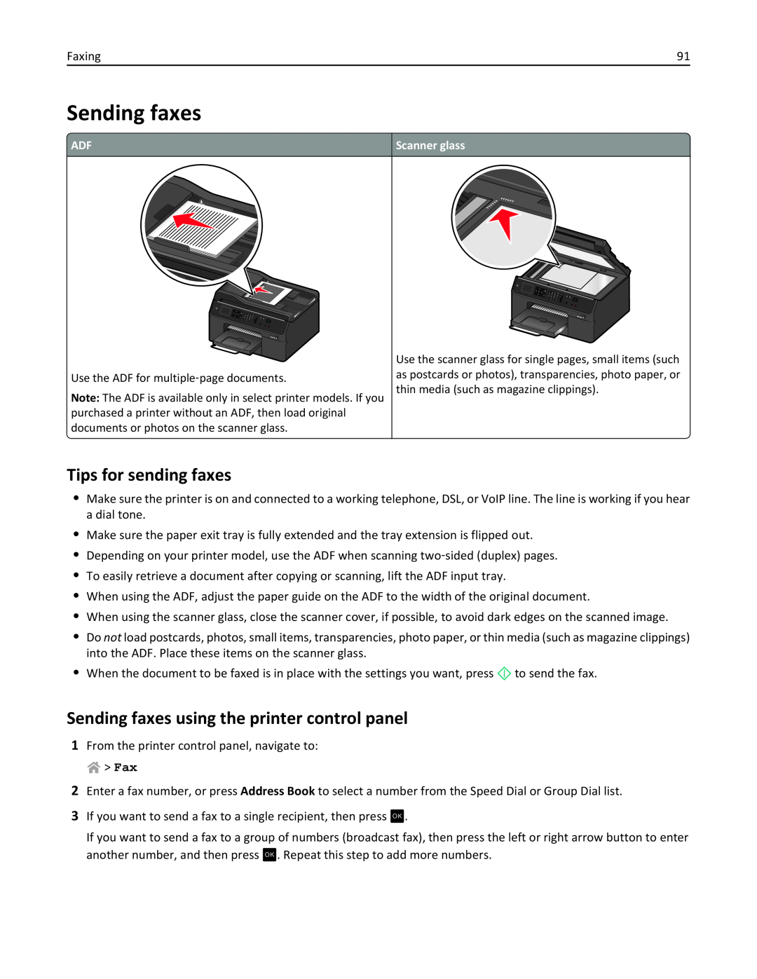 Lexmark PRO4000C, 90P3000 manual Tips for sending faxes, Sending faxes using the printer control panel 