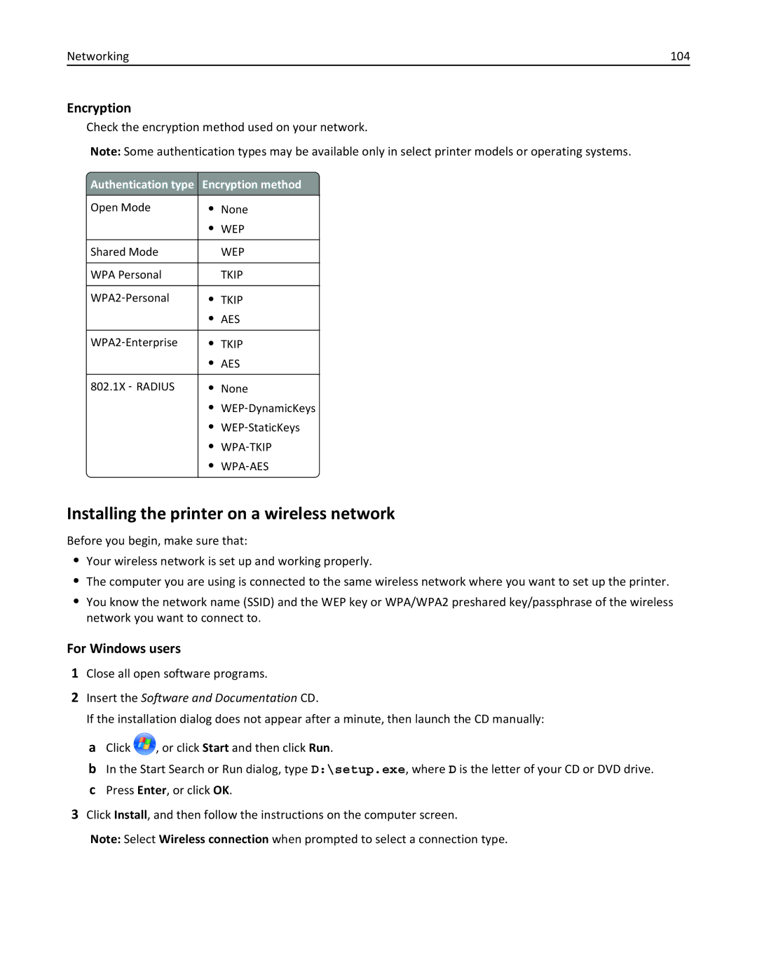 Lexmark 90P3000, PRO4000C manual Installing the printer on a wireless network, Authentication type Encryption method 