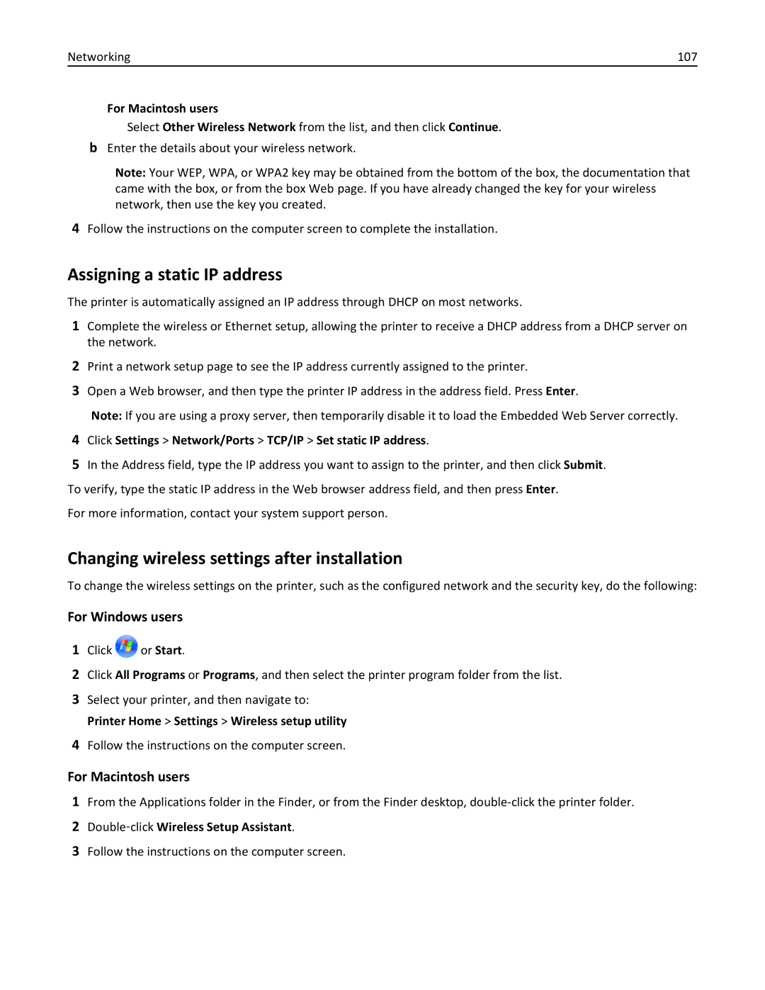 Lexmark 90P3000, PRO4000C manual Assigning a static IP address, Changing wireless settings after installation 