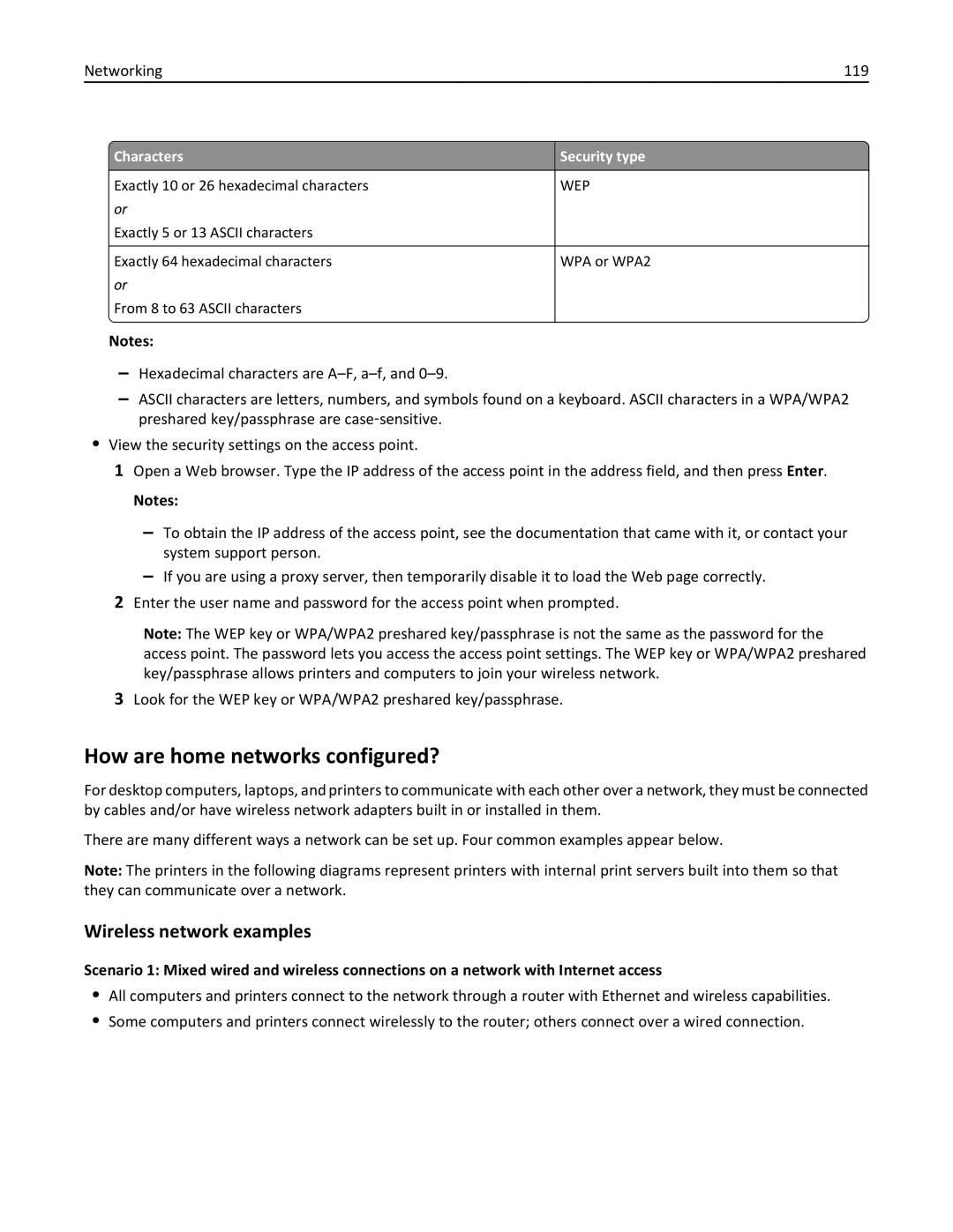 Lexmark 90P3000, PRO4000C manual How are home networks configured?, Wireless network examples, Characters Security type 