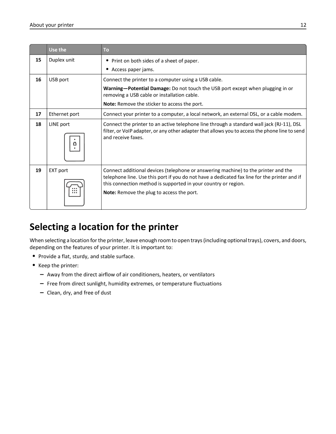 Lexmark PRO4000C, 90P3000 Selecting a location for the printer, Use Duplex unit Print on both sides of a sheet of paper 