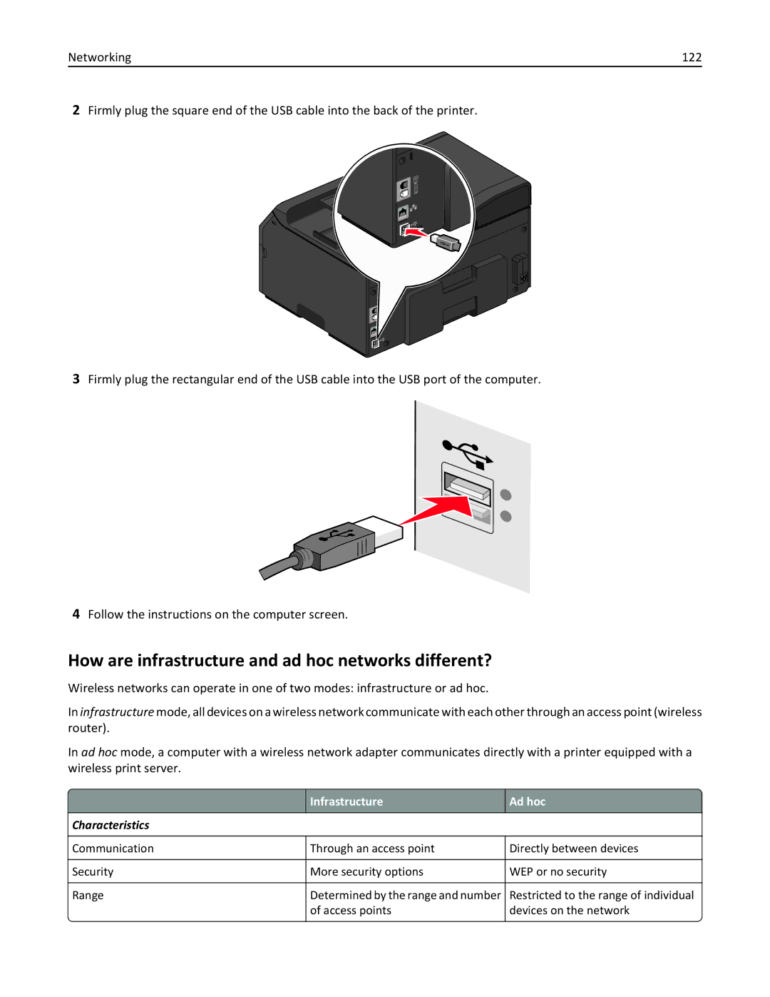 Lexmark 90P3000, PRO4000C manual How are infrastructure and ad hoc networks different?, Infrastructure Ad hoc 