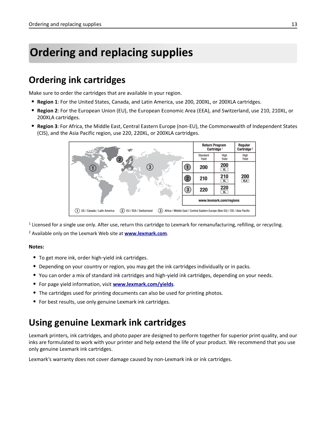 Lexmark PRO4000C manual Ordering and replacing supplies, Ordering ink cartridges, Using genuine Lexmark ink cartridges 