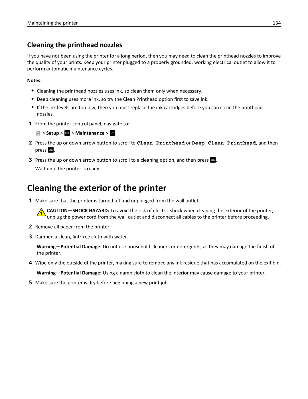 Lexmark 90P3000, PRO4000C manual Cleaning the exterior of the printer, Cleaning the printhead nozzles 