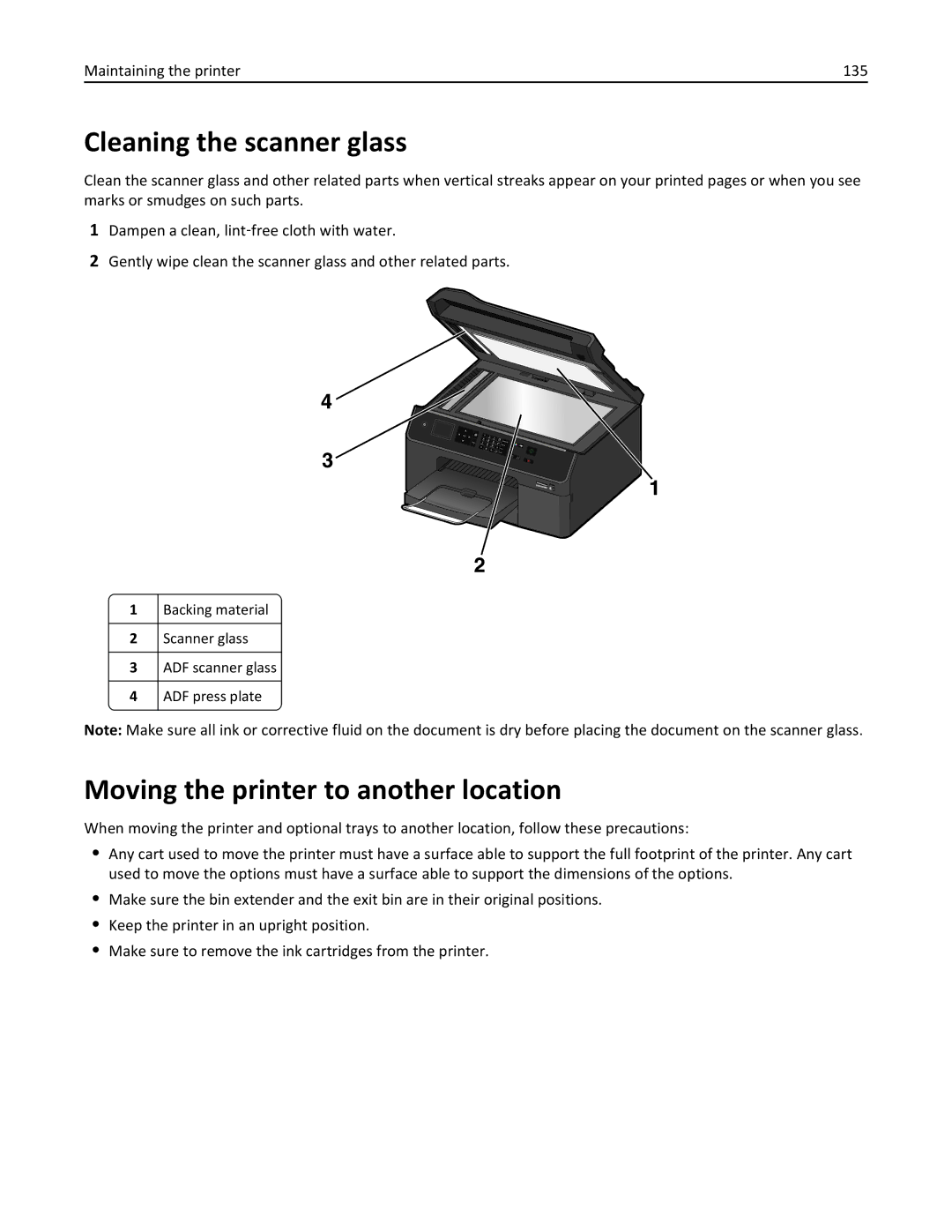 Lexmark PRO4000C, 90P3000 manual Cleaning the scanner glass, Moving the printer to another location 