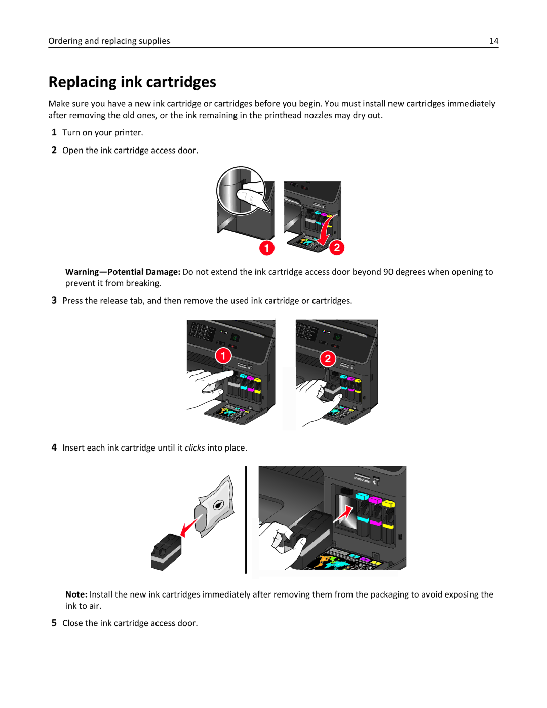 Lexmark 90P3000, PRO4000C manual Replacing ink cartridges 