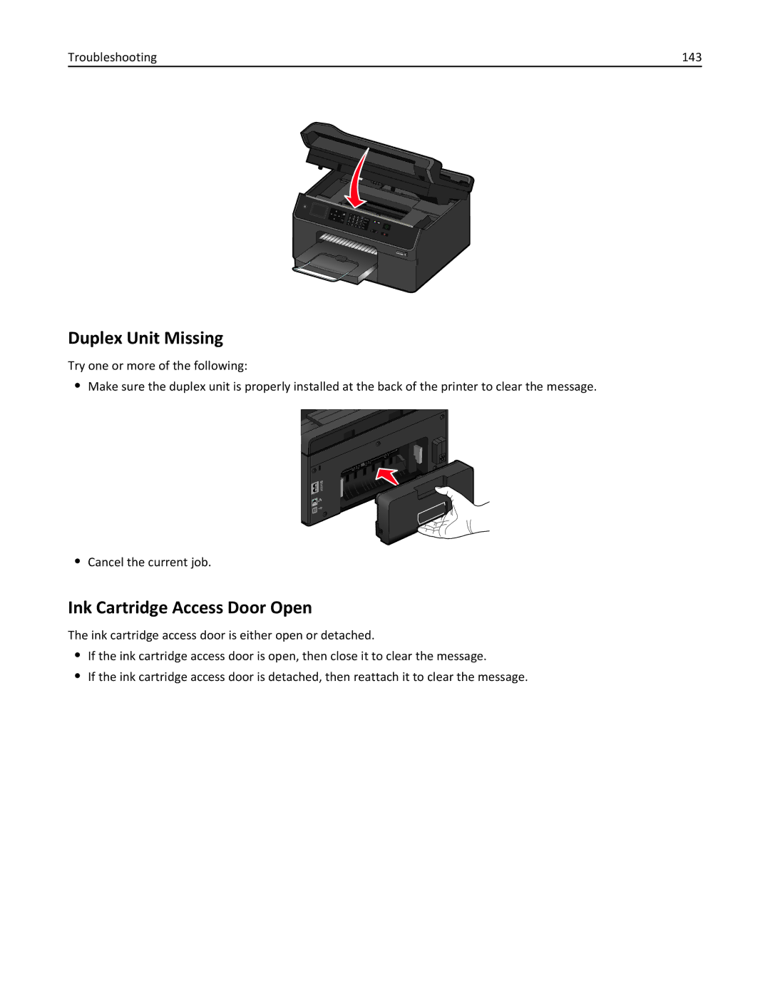 Lexmark 90P3000, PRO4000C manual Duplex Unit Missing, Ink Cartridge Access Door Open 